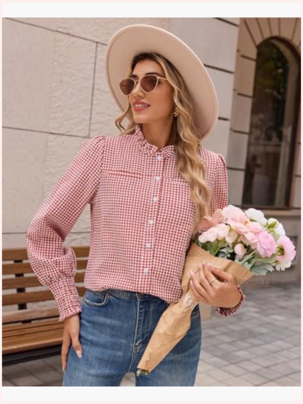 Women's Plaid Button Down Shirt Ruffle Neck Long Sleeve Blouse with Chest - Picture 4 of 7